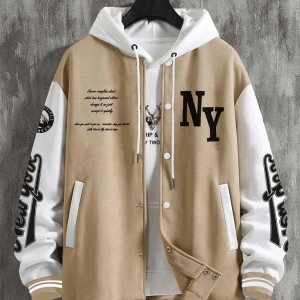 Men Slogan Graphic Two Tone Varsity Jacket