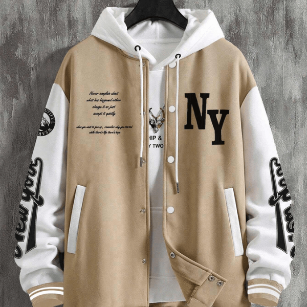 Men Slogan Graphic Two Tone Varsity Jacket