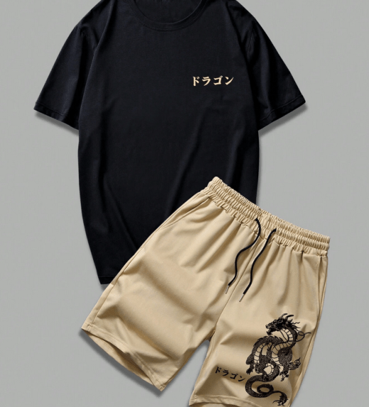 Men Letter Graphic Tee & Chinese Dragon Graphic Drawstring Waist Shorts