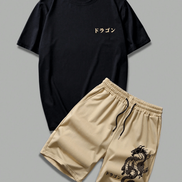 Men Letter Graphic Tee & Chinese Dragon Graphic Drawstring Waist Shorts
