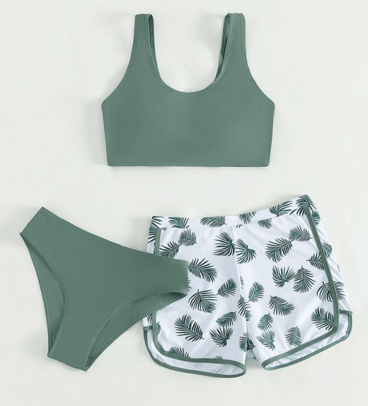 Teen Girls Tropical Print Bikini Swimsuit With Beach Shorts