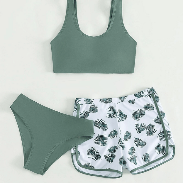 Teen Girls Tropical Print Bikini Swimsuit With Beach Shorts