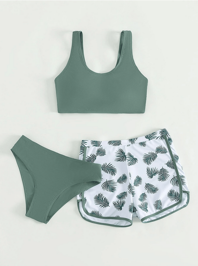 Teen Girls Tropical Print Bikini Swimsuit With Beach Shorts