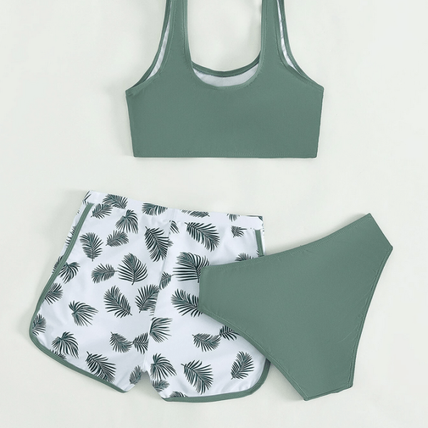 Teen Girls Tropical Print Bikini Swimsuit With Beach Shorts