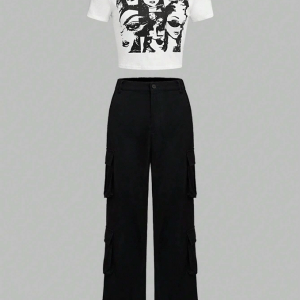 Teen Girls Figure Graphic Tee & Flap Pocket Side Cargo Pants
