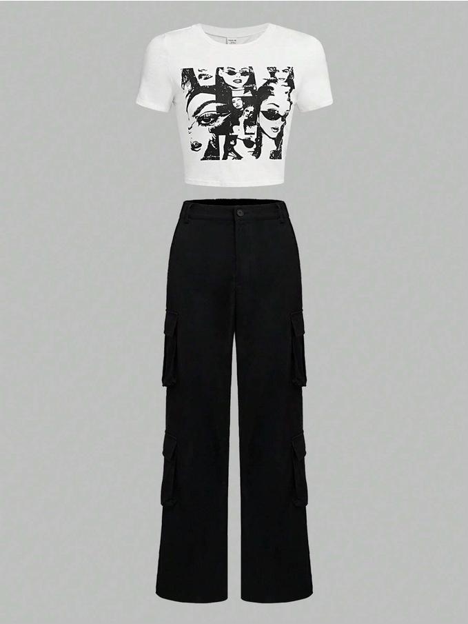 Teen Girls Figure Graphic Tee & Flap Pocket Side Cargo Pants